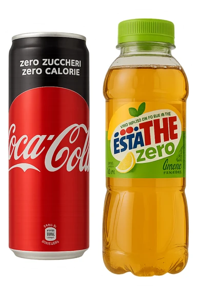 lattina di coca cola zero fluttua accanto a bottiglia di esta-thè zero, iperrealistiche 4k sticker
