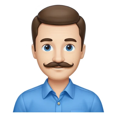 Business owner, well dressed, blue shirt, mustache, happy sticker
