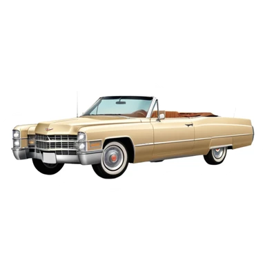 Beige 1966 Cadillac DeVille, 30-degree three-quarter view showing front and side, accurate vintage luxury car proportions, detailed front grille and headlights, from Once Upon a Hollywood movie, iOS emoji style sticker