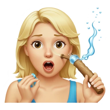 blond woman biting a wide stick with a D-shaped knob, both same color as her skin, knob with visible skin texture, water jet shooting from flat side of knob into her mouth, surprised look sticker