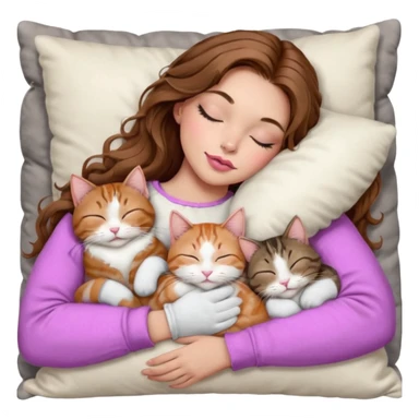 girl with long wavy brown hair, brown eyes, long lashes makeup, sexy pink lips, light to medium complexion,  sleeping on a cozy pillow, with 6 cats: 1 brown and white tabby cat, 1 ginger and white, 2 grey and white, 1 grey with white mittens and small white patch on chest and 1 calico, sleeping sticker