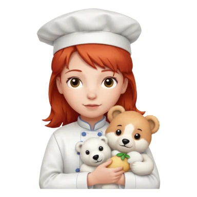 girl kid italian chef, red haired, uniform, holding plush polar bear sticker