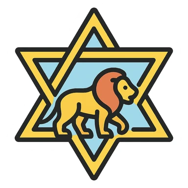 Star of David with a lion inside, lineal color icon with black outlines sticker