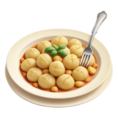 Gnocchi Cinematic Realistic Gnocchi Dish Emoji, depicted as tender potato dumplings garnished with iconic fork marks on top, rendered with soft textures and warm, inviting lighting. sticker