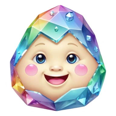 A single pastel rainbow crystal baby rock character, chubby and heavy with a chunky, irregular polygon shape,covered in faceted crystal planes and small chips, big glossy rainbow eyes and a small smiling mout sticker
