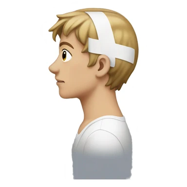 A side profile of a young man with a white bandaid all over their ear sticker