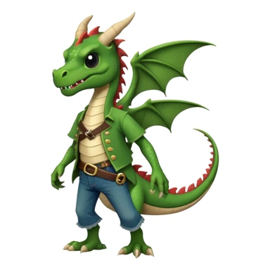 friendly anthropomorphised dragon in a band t-shirt and jeans with a pirate eye-patch walking upright, relaxed pose sticker