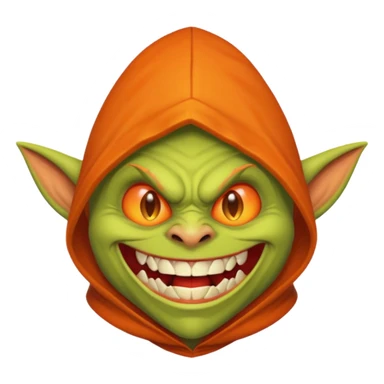 Hobgoblin-style goblin face emoji, orange hood, evil grin, sharp teeth, expressive Apple-style emoji sticker