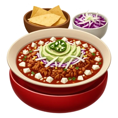 A delicious hot bowl of pozole rojo with sides next to the bowl in separate bowls each: chopped onions, shredded cabbage, lime wedges, red chile de arbol salsa, and full round tostadas sticker