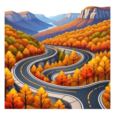 A winding asphalt road through the blue mountains and autumn colored trees sticker
