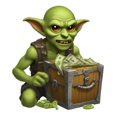 Loot goblin with dollar signs in eyes, with loot chest full of loot sticker
