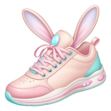 Cute Kawaii Shoe, small and bouncy, soft pastel sneakers with glowing highlights, cute sparkling eyes, a happy cheerful expression, laces tied like bunny ears! sticker
