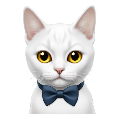 cute white british cat with one yellow eye and one blue eye with a black bow tie on his neck sticker