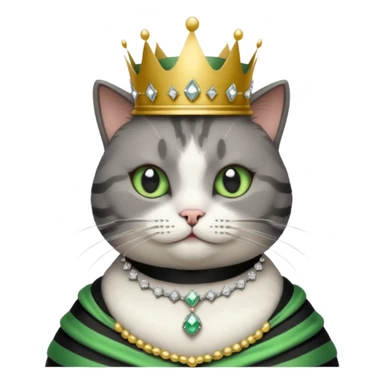 Gatito gris oscura con rayas negras ojos verdes vestida de reina con coronas y diamantes, más peluda y gordura  sticker