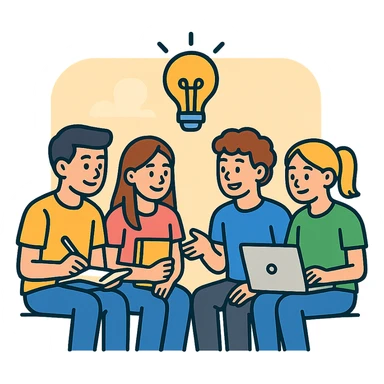 four young students with notebook and laptop, exchanging ideas in a relaxed atmosphere, soft and welcoming background, vector drawing style sticker