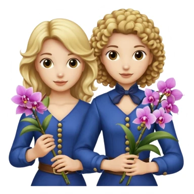 3 female musketeers, oneceith brown curly hair, one with straight blond hair, one eith blond hair on pony tail, all holding orchids sticker