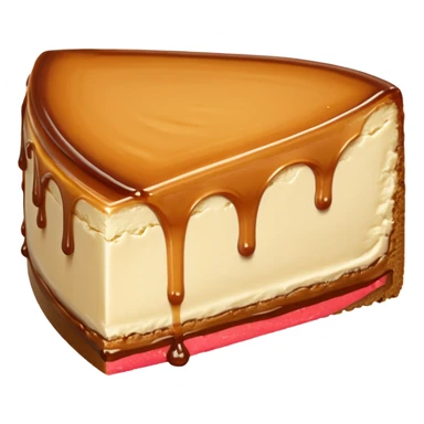 a slice of cheesecake. The base is made of light brown biscuit; the first layer of filling is caramelized dulce de leche, and the upper layer is creamy, light beige, and has a smooth texture. On top, there is a caramelized dulce de leche topping dripping down the center of the slice sticker
