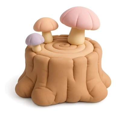 a tree stump cake topped with mushrooms, forest dessert concept, cushion style, soft pastel colors sticker