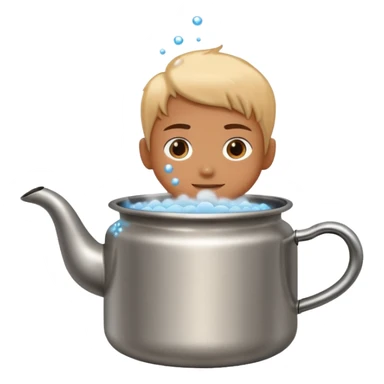 small metal pot filled with boiling water on a stove, visible hot steam and rising bubbles, realistic heat effect, shiny pot surface, bright lighting, clean white background sticker