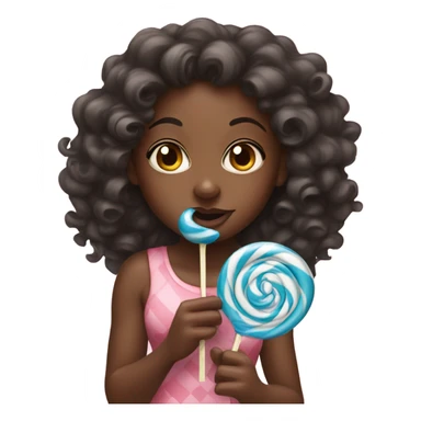 black girl with long curly hair eating lollipop sticker