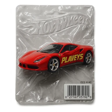 red Ferrari car with the word 'PLAVLEYS' in racing style lettering on the side, inside a Hot Wheels blister package, glossy and puffy, vacuum-sealed style sticker