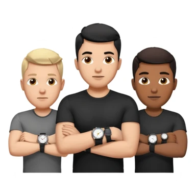 4 different men wearing black strap watches on their wrists portraits, head and shoulders only, watches clearly visible on arms, diverse face shapes and skin tones, 3D cartoon, mobile game icon style, clean background, no text, no watermark
 sticker