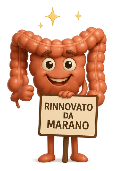 fammi un intestino identico a questo, ma felice e con le scintille di splendore dorate sopra, si sta rinnovando come se fosse in ottima salute, in mano ha un cartello con la scritta "RINNOVATO DA MARANO" sticker