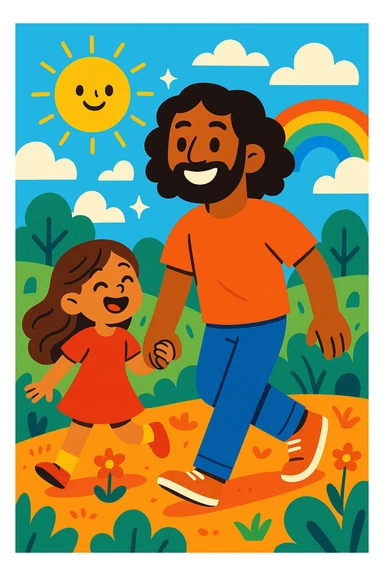 A dad with brown skin and shoulder-length curly black hair, holding hands with a young girl with light brown skin and long wavy brown hair, both cheerful, modern illustration style sticker