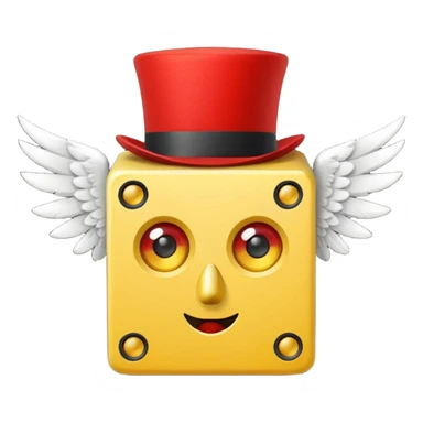 yellow lucky block, with 2 red question marks for the pupils inside the eyes, wings, and a red top hat, and has the :3 face  sticker