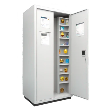 smart package locker, white, with screen, compartments, front view sticker