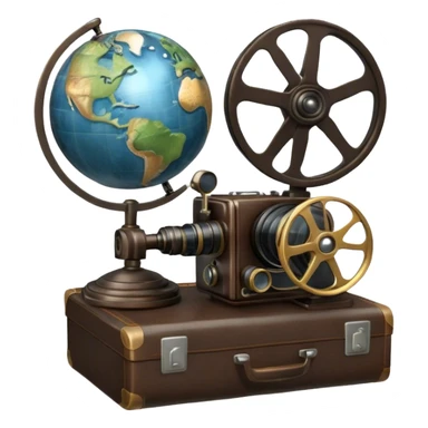 Icon for Documentary Film: A vintage movie poster style with a film reel, a camera, and a globe symbolizing exploration and knowledge. Include elements like a notebook, magnifying glass, and nature or historical visuals to evoke a sense of discovery. Transparent background. sticker