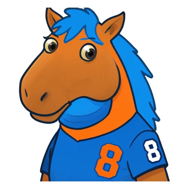A horse playing football wearing blue and orange with the jersey number 88 sticker