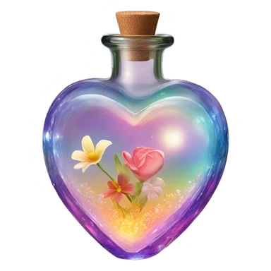 Antique oil heart bottle made of crystal glass of all gentle colors of the light rainbow, a living flower fairy sits at the bottom of the bottle sticker