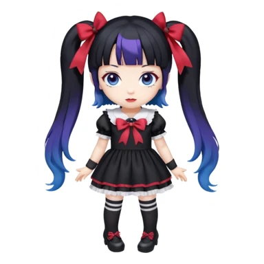 Chibi kawaii Kuromi, violet eyes, black-blue twin tails, red ribbons, red beanie, black & white lolita dress with red accents, white thigh-highs, black mary janes, cute aesthetic. sticker