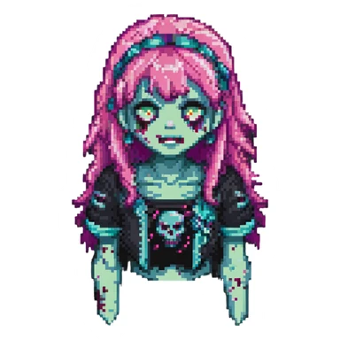 girl zombie with bright pink hair and bangs pixel art sticker
