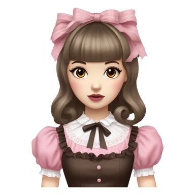 pale woman with short brown hair and bangs, pink lips and eyeshadow, long eyelashes, brown eyes, pink Lolita dress with laces and ribbons, gothic Lolita doll look sticker