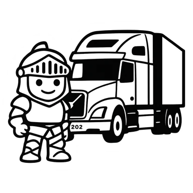 Make Casper the knight smaller, about the same size as the white semi truck, cartoon style, keep transparent background. sticker
