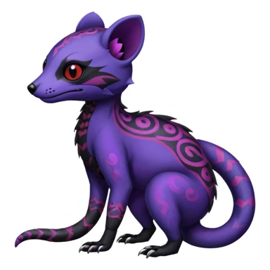 Rare warm-colored exotic gloomy tropical edgy cute epic aesthetic spooky indigo violet purple black red gothic colorful Salandit-Civet-species-Fakemon-hybrid-creature, with tribal tattoo markings, full body sticker