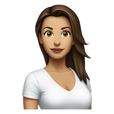 3/4 face, contrasted, shadow, light, Eva Longoria expression, standing from a distance, thin nose, brunette woman, hazel eyes, long eyelashes, dark shoulder shaded hair, white t-shirt, jeans, white sneakers sticker