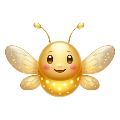 Cinematic tiny glowing firefly, round and chubby, soft golden light, tiny happy face, gentle floating motion, surrounded by dreamy sparkling dots. sticker