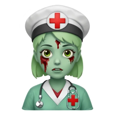 Zombie nurse in scrubs, red cross hat, green skin sticker