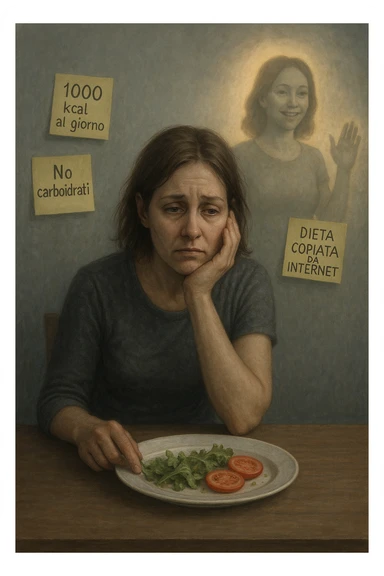 Donna tra i 30 e i 40 anni seduta a tavola, davanti a un piatto quasi vuoto con solo insalata e due fette di pomodoro. Il suo volto è visibilmente triste, stanco, con occhi spenti. Intorno a lei, foglietti attaccati con scritte come '1000 kcal al giorno', 'No carboidrati', 'Dieta copiata da internet'. L’atmosfera è fredda, grigia, priva di energia. Il suo corpo appare spento e scarico. Sullo sfondo, la sagoma di sé stessa più felice e piena di vitalità, come ricordo di un approccio migliore mai seguito. Stile realistico e simbolico sticker