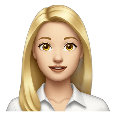 young woman with grey eyes and straight shoulder length blonde hair wearing a white button up and golden hoop earrings sticker