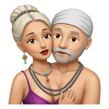 A man in his 60s balding with a grey beard passionately kissing the vagina  of an Indian woman in her 40s wearing a beads chain with here cleavage visible and embracing the man sticker