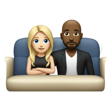 Blonde woman with blue eyes and long straight hair and black man who is bald with a goatee seated together on a sofa with their arms around each other.   sticker