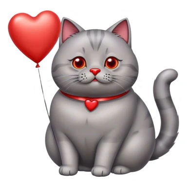 gray fat British cat and red heart metallic baloon sticker