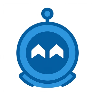 Recreate the Main Assembly Steam icon in a minimalistic, flat blue style consistent with previous icons. Use almost exclusively shades of blue for the round robot head, with a blue outline and blue details. The face should have two simple white chevron shapes for eyes. Keep the style clean and simple, with a fully transparent background, minimal use of other colors, and prioritize clarity and recognizability. sticker