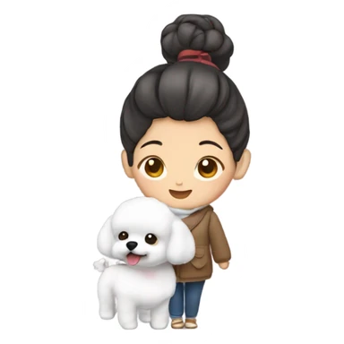 Hair-in-a-bun traveling Asian woman carrying a happy and cute Korean-style bichon frise sticker