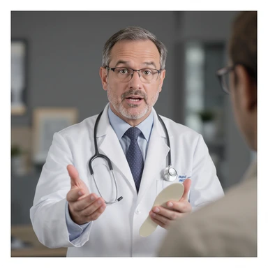 professional illustration of a doctor showing insoles to a client with a gesture suggesting it is not the best solution, 2:3 aspect ratio sticker