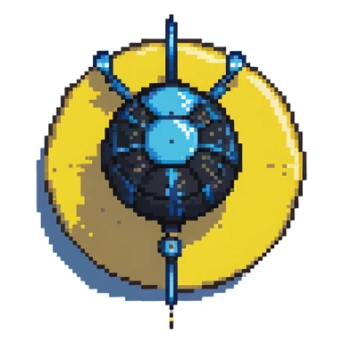 Blue digital bomb with blue antenna-like fuse at the top, round black bomb body with blue accents, pixel art style sticker